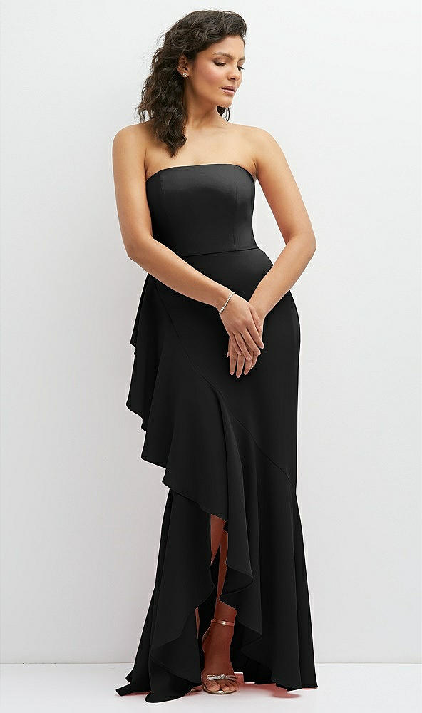 Front View - Black Strapless Crepe Maxi Dress with Ruffle Edge Bias Wrap Skirt