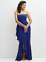 Front View Thumbnail - Cobalt Blue Strapless Crepe Maxi Dress with Ruffle Edge Bias Wrap Skirt