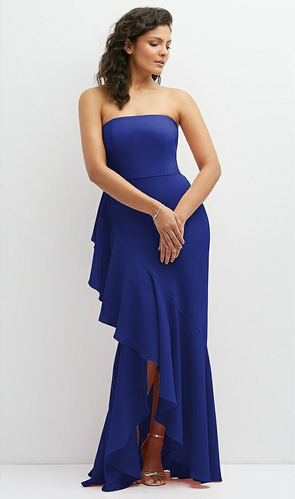 Front View - Cobalt Blue Strapless Crepe Maxi Dress with Ruffle Edge Bias Wrap Skirt