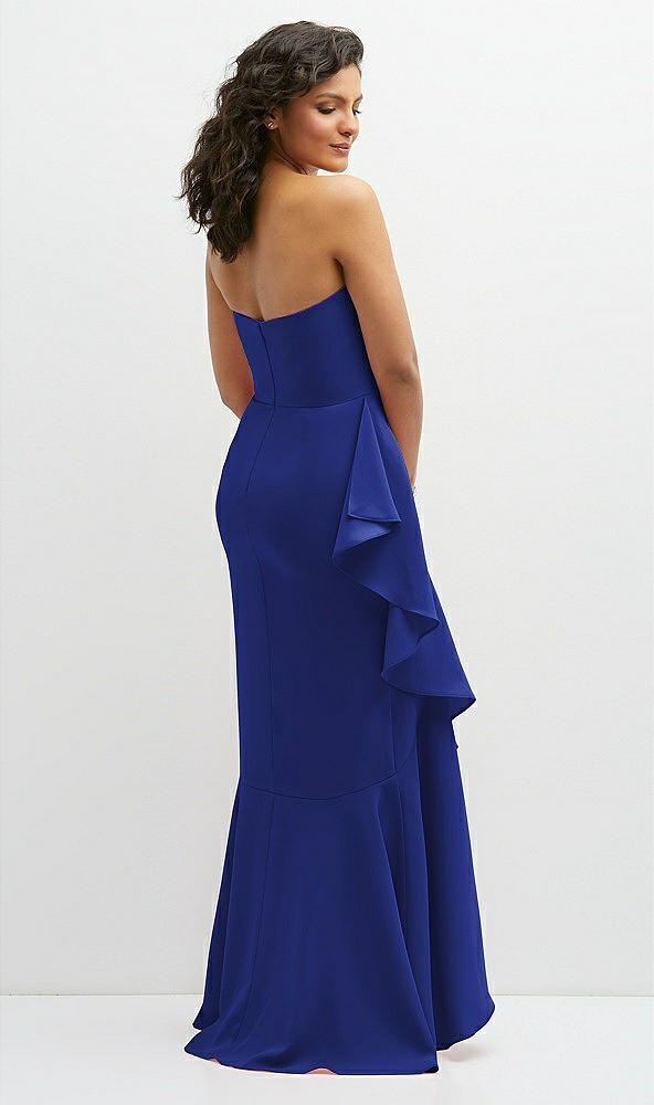Back View - Cobalt Blue Strapless Crepe Maxi Dress with Ruffle Edge Bias Wrap Skirt