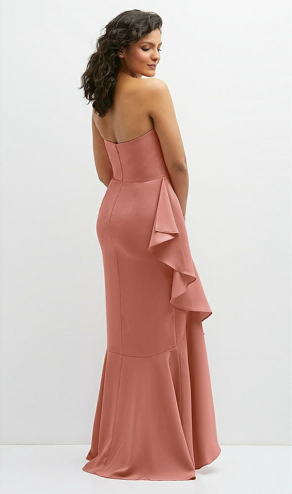 Back View - Desert Rose Strapless Crepe Maxi Dress with Ruffle Edge Bias Wrap Skirt