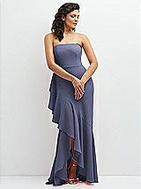 Front View Thumbnail - French Blue Strapless Crepe Maxi Dress with Ruffle Edge Bias Wrap Skirt