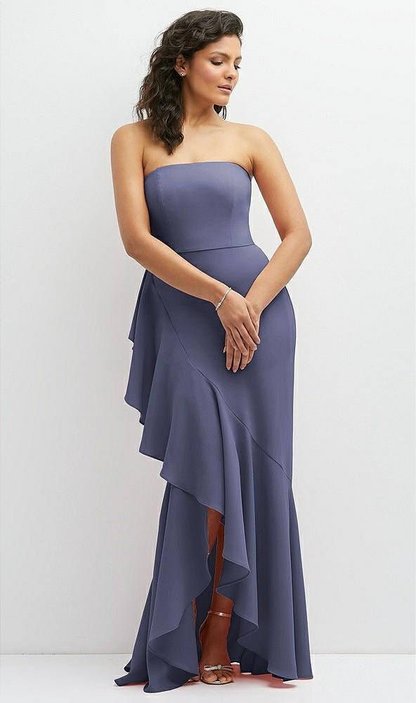 Front View - French Blue Strapless Crepe Maxi Dress with Ruffle Edge Bias Wrap Skirt