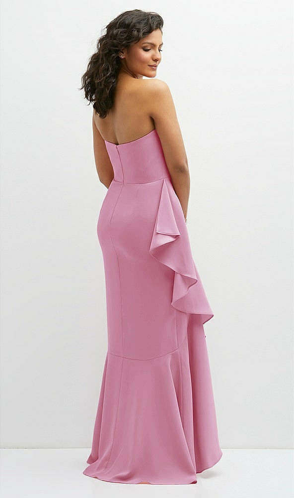 Back View - Powder Pink Strapless Crepe Maxi Dress with Ruffle Edge Bias Wrap Skirt
