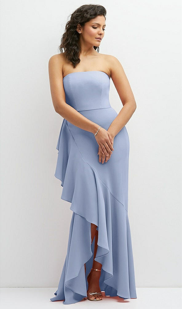 Front View - Sky Blue Strapless Crepe Maxi Dress with Ruffle Edge Bias Wrap Skirt