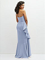 Rear View Thumbnail - Sky Blue Strapless Crepe Maxi Dress with Ruffle Edge Bias Wrap Skirt