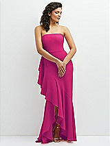 Front View Thumbnail - Think Pink Strapless Crepe Maxi Dress with Ruffle Edge Bias Wrap Skirt