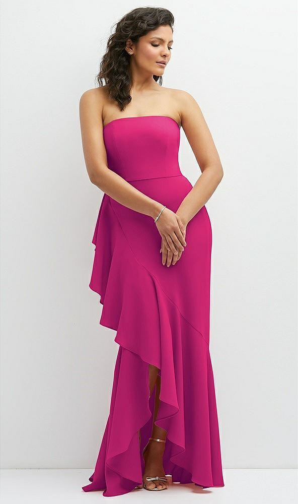 Front View - Think Pink Strapless Crepe Maxi Dress with Ruffle Edge Bias Wrap Skirt