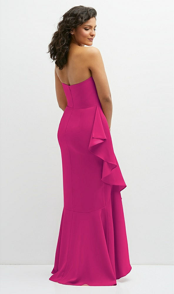 Back View - Think Pink Strapless Crepe Maxi Dress with Ruffle Edge Bias Wrap Skirt