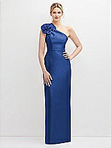 Front View Thumbnail - Classic Blue Oversized Flower One-Shoulder Satin Column Dress