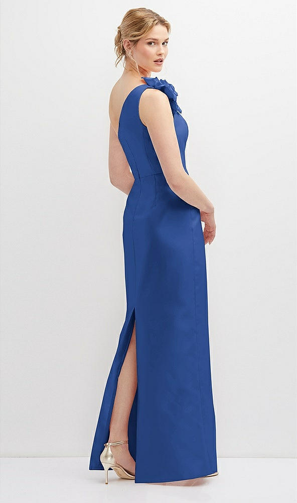 Back View - Classic Blue Oversized Flower One-Shoulder Satin Column Dress