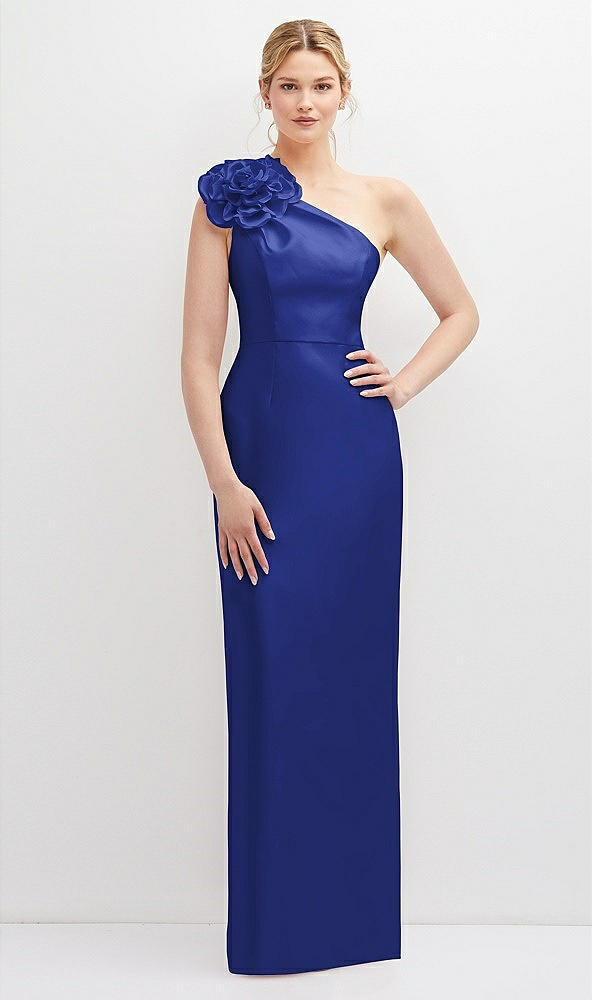Front View - Cobalt Blue Oversized Flower One-Shoulder Satin Column Dress