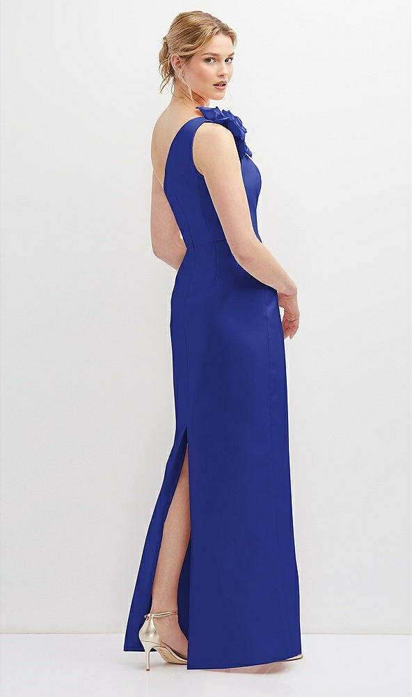 Back View - Cobalt Blue Oversized Flower One-Shoulder Satin Column Dress