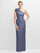 Front View Thumbnail - French Blue Oversized Flower One-Shoulder Satin Column Dress