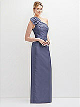 Side View Thumbnail - French Blue Oversized Flower One-Shoulder Satin Column Dress