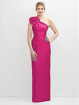 Front View Thumbnail - Think Pink Oversized Flower One-Shoulder Satin Column Dress