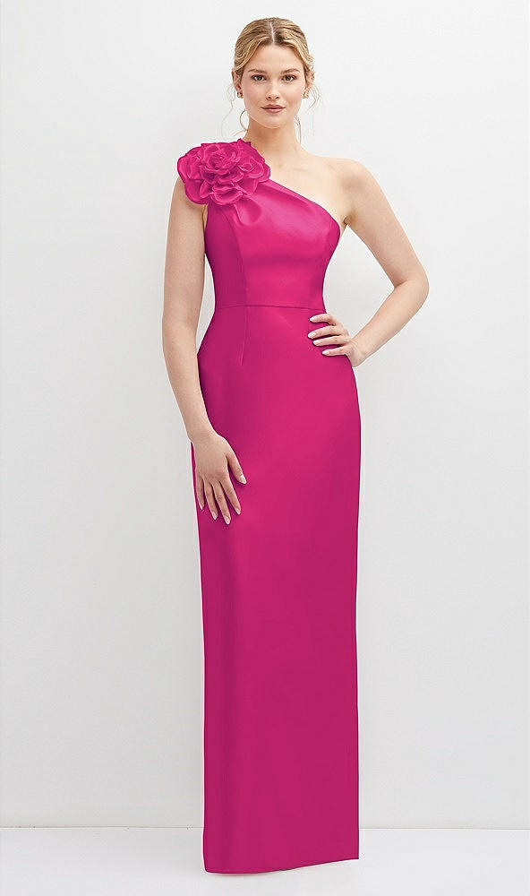 Front View - Think Pink Oversized Flower One-Shoulder Satin Column Dress