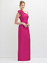 Side View Thumbnail - Think Pink Oversized Flower One-Shoulder Satin Column Dress