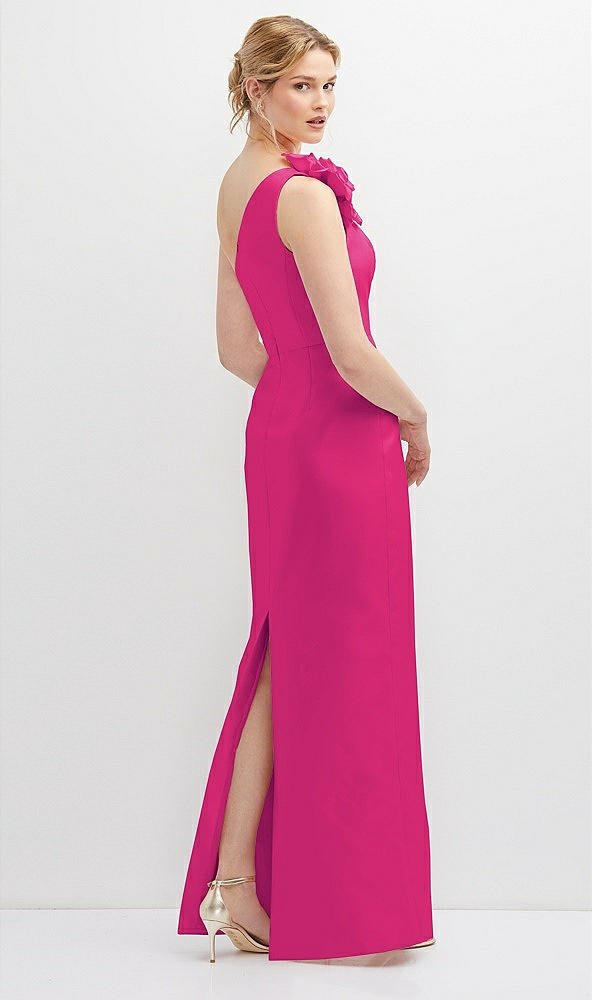 Back View - Think Pink Oversized Flower One-Shoulder Satin Column Dress
