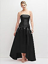 Front View Thumbnail - Black Strapless Fitted Satin High Low Dress with Shirred Ballgown Skirt