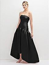Side View Thumbnail - Black Strapless Fitted Satin High Low Dress with Shirred Ballgown Skirt