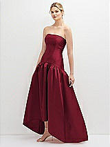 Side View Thumbnail - Burgundy Strapless Fitted Satin High Low Dress with Shirred Ballgown Skirt