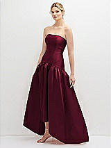Side View Thumbnail - Cabernet Strapless Fitted Satin High Low Dress with Shirred Ballgown Skirt