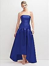 Front View Thumbnail - Cobalt Blue Strapless Fitted Satin High Low Dress with Shirred Ballgown Skirt