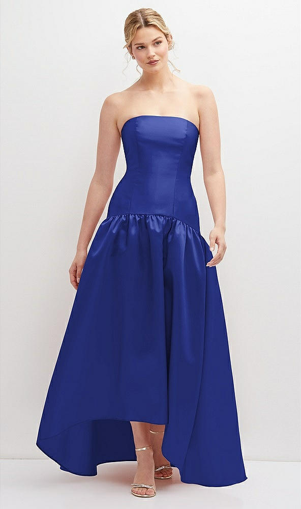 Front View - Cobalt Blue Strapless Fitted Satin High Low Dress with Shirred Ballgown Skirt