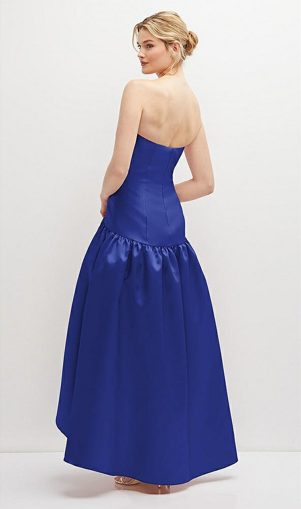Back View - Cobalt Blue Strapless Fitted Satin High Low Dress with Shirred Ballgown Skirt