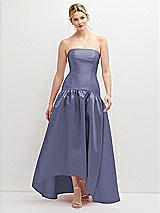 Front View Thumbnail - French Blue Strapless Fitted Satin High Low Dress with Shirred Ballgown Skirt