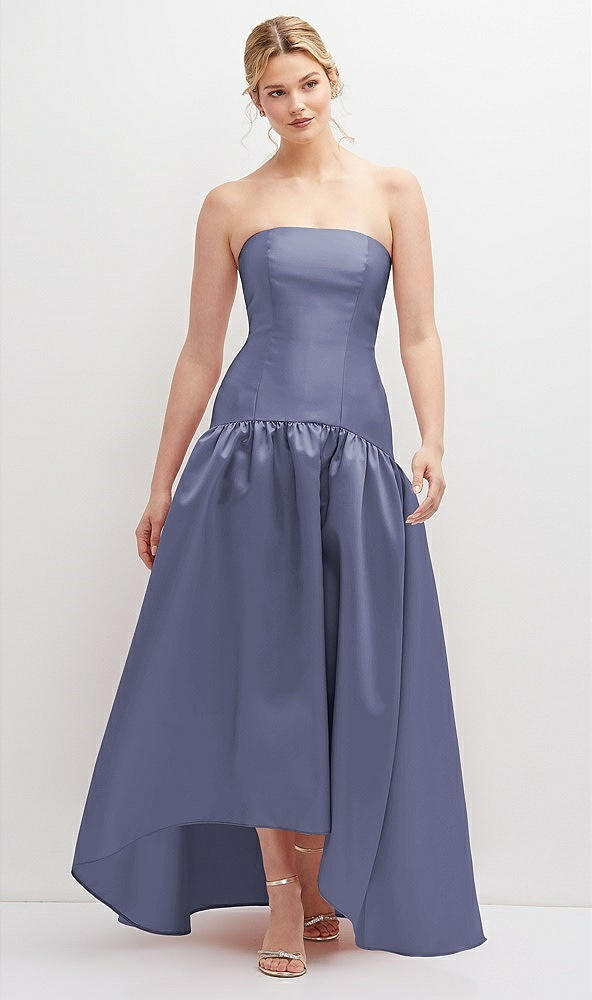 Front View - French Blue Strapless Fitted Satin High Low Dress with Shirred Ballgown Skirt