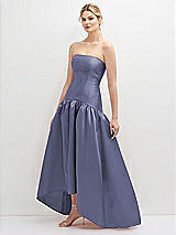Side View Thumbnail - French Blue Strapless Fitted Satin High Low Dress with Shirred Ballgown Skirt