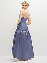 Rear View Thumbnail - French Blue Strapless Fitted Satin High Low Dress with Shirred Ballgown Skirt