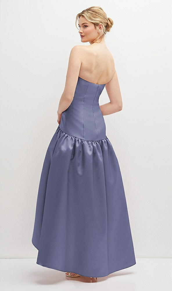 Back View - French Blue Strapless Fitted Satin High Low Dress with Shirred Ballgown Skirt