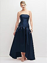 Front View Thumbnail - Midnight Navy Strapless Fitted Satin High Low Dress with Shirred Ballgown Skirt