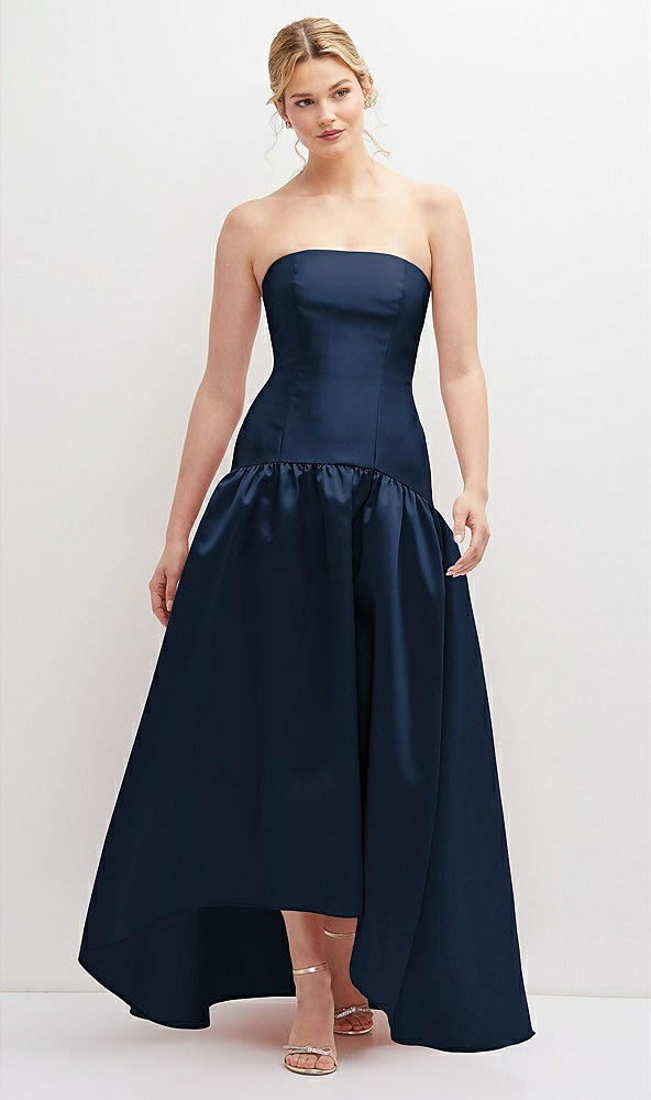 Front View - Midnight Navy Strapless Fitted Satin High Low Dress with Shirred Ballgown Skirt