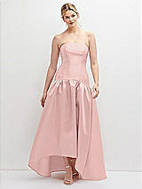 Front View Thumbnail - Rose - PANTONE Rose Quartz Strapless Fitted Satin High Low Dress with Shirred Ballgown Skirt