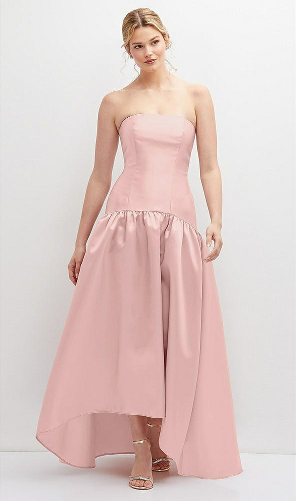 Front View - Rose - PANTONE Rose Quartz Strapless Fitted Satin High Low Dress with Shirred Ballgown Skirt