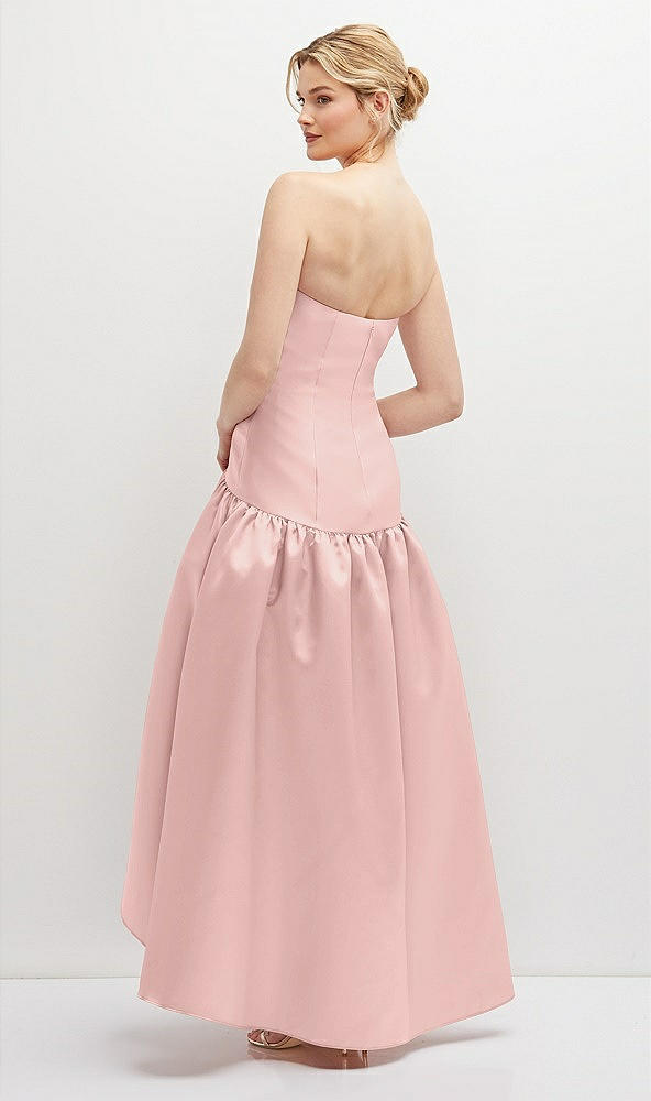 Back View - Rose - PANTONE Rose Quartz Strapless Fitted Satin High Low Dress with Shirred Ballgown Skirt