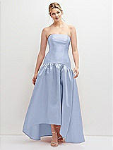 Front View Thumbnail - Sky Blue Strapless Fitted Satin High Low Dress with Shirred Ballgown Skirt