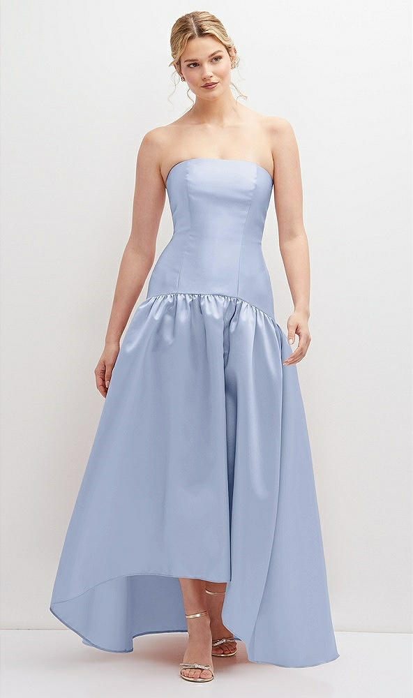 Front View - Sky Blue Strapless Fitted Satin High Low Dress with Shirred Ballgown Skirt