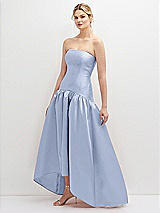 Side View Thumbnail - Sky Blue Strapless Fitted Satin High Low Dress with Shirred Ballgown Skirt