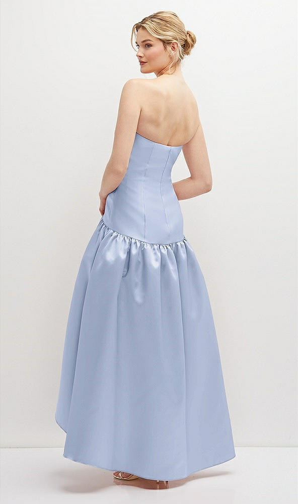 Back View - Sky Blue Strapless Fitted Satin High Low Dress with Shirred Ballgown Skirt