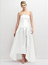 Front View Thumbnail - White Strapless Fitted Satin High Low Dress with Shirred Ballgown Skirt