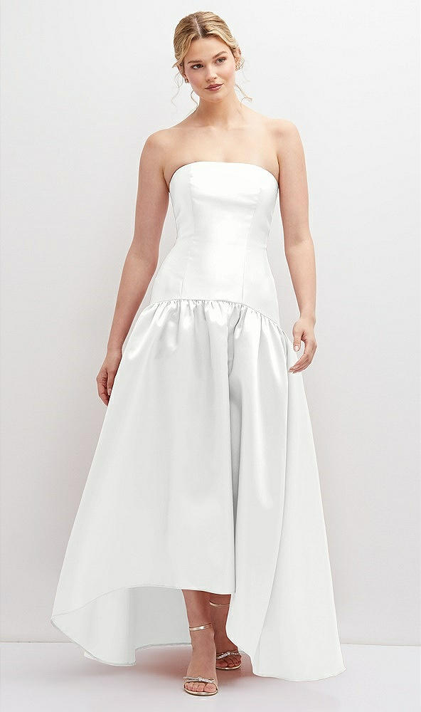Front View - White Strapless Fitted Satin High Low Dress with Shirred Ballgown Skirt