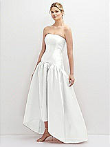 Side View Thumbnail - White Strapless Fitted Satin High Low Dress with Shirred Ballgown Skirt