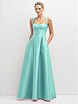 Front View Thumbnail - Coastal Lace-Up Back Bustier Satin Dress with Full Skirt and Pockets