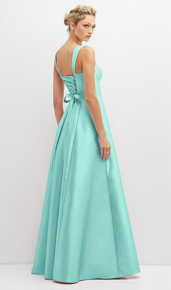 Back View - Coastal Lace-Up Back Bustier Satin Dress with Full Skirt and Pockets