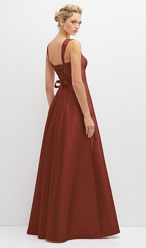 Back View - Auburn Moon Lace-Up Back Bustier Satin Dress with Full Skirt and Pockets